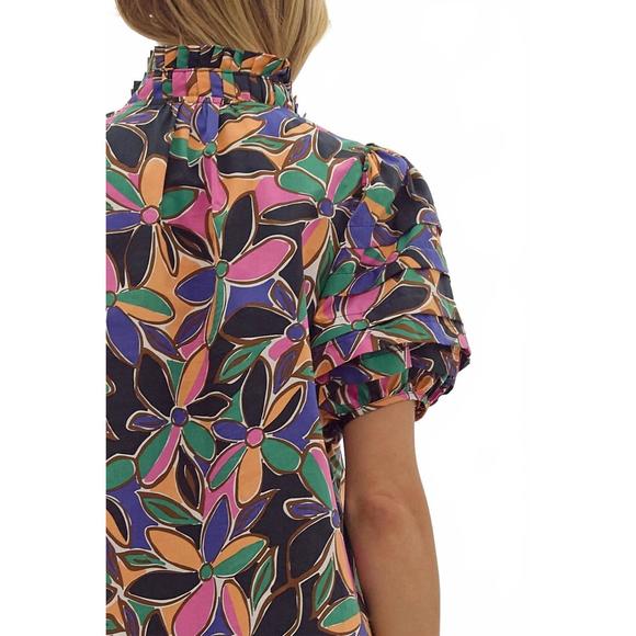 NEW ENTRO floral print short sleeve tiered detail blouse in multicolor